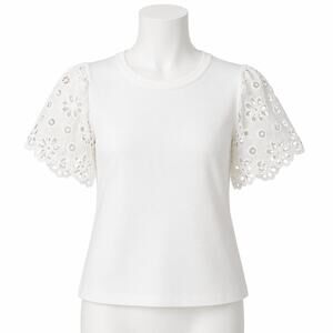 Rebecca Taylor Cottagecore White Pinwheel Lace Sleeve Tee - Size XS